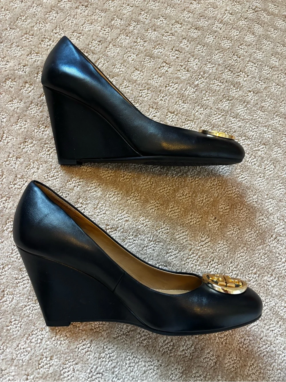 Tory Burch Black Leather Closed Toe Wedge with Gold Logo Disc size 7